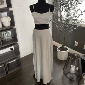 House Of Harlow 1960 Satin Top and Maxi Skirt Set in Light Grey Blue / Medium